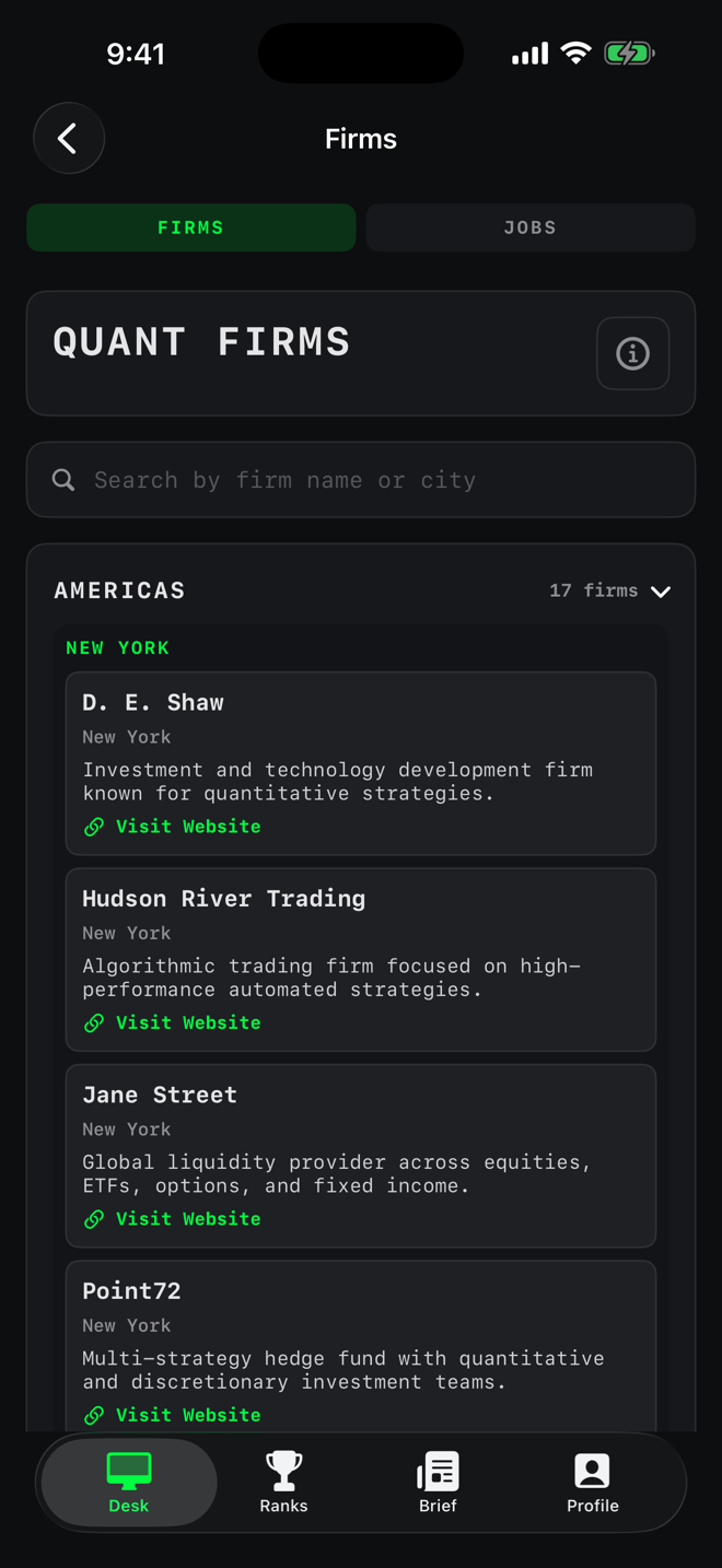 Quantitative trading firm directory in the Variance app