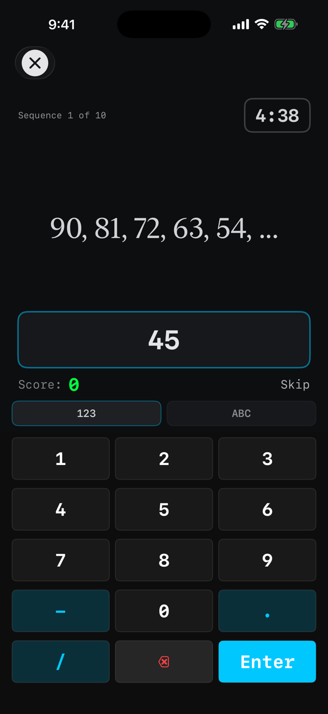Timed number sequence practice inside the Variance quant interview prep app